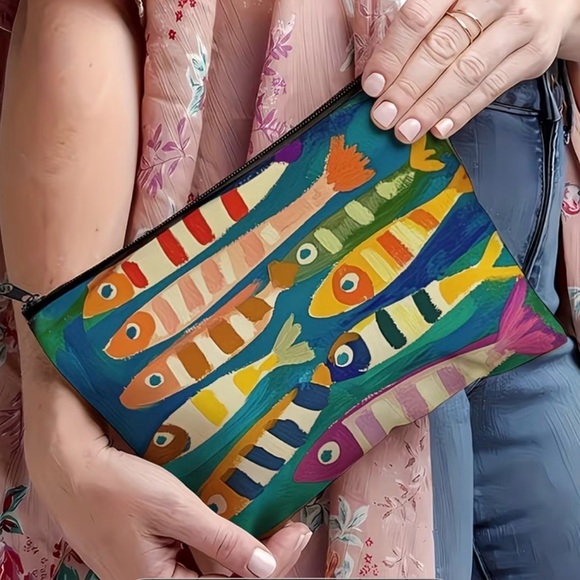 Colorful Fish Pattern Accessory Pouch Fun Statement Bag - Picture 2 of 5